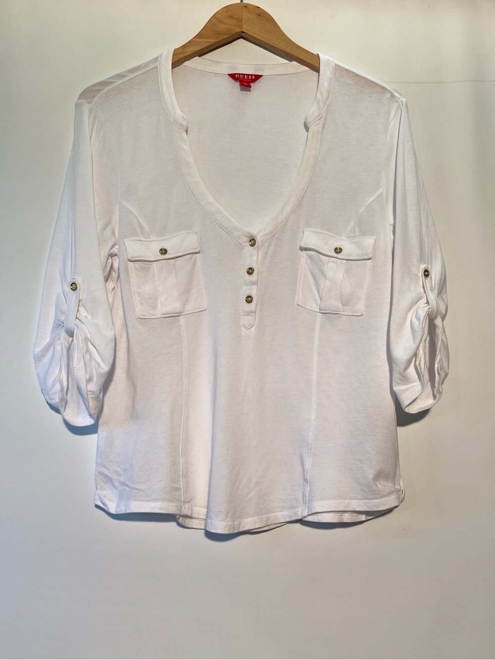 Guess White V-Neck Button Front Pocket top